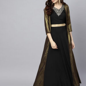 Black & Golden Top with Skirt & Ethnic Jacket