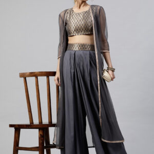 Grey & Gold Toned Crop Top with Dhoti Pants & Longline Jacket