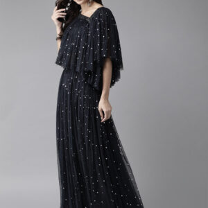 Navy Blue & Silver Foil Print Top with Skirt