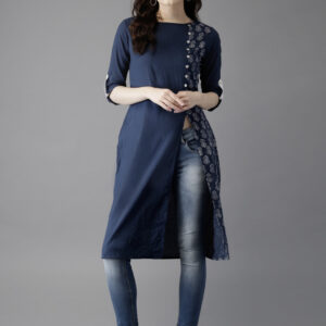 Navy Blue Printed Straight Kurta